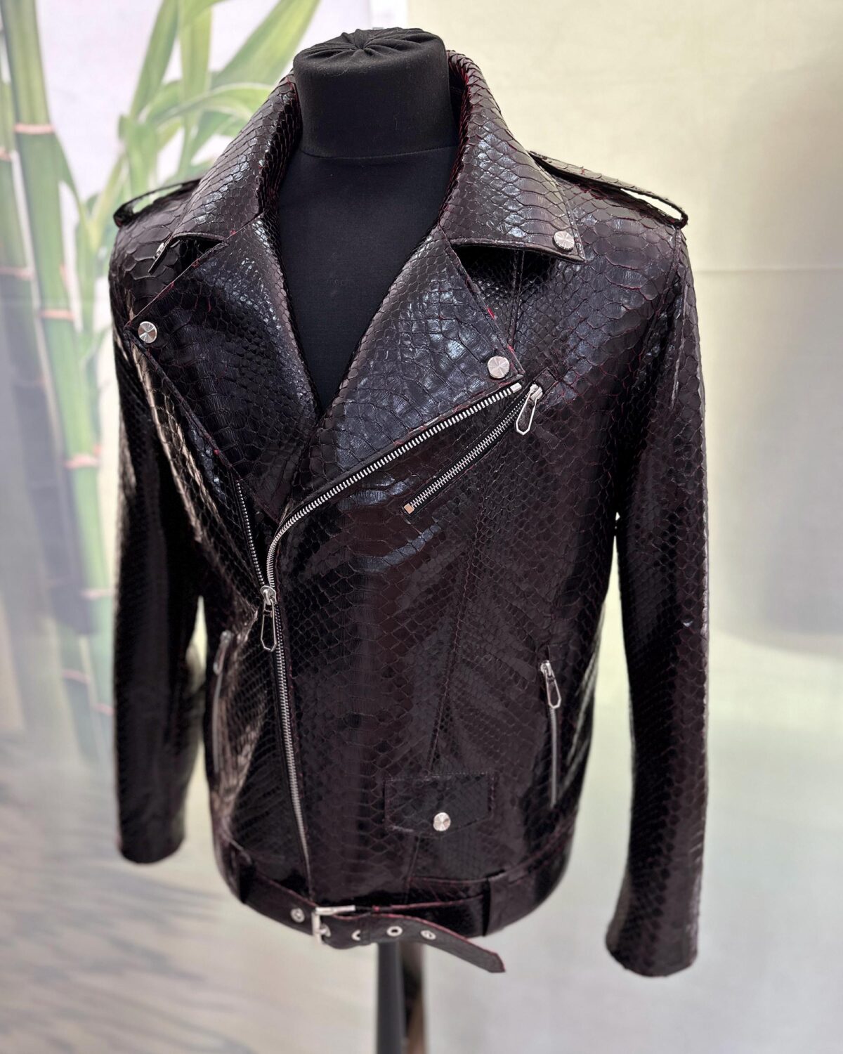 Deep Red Black Python Leather Biker Jacket - Exotic Snake Skin Motorcycle Coat