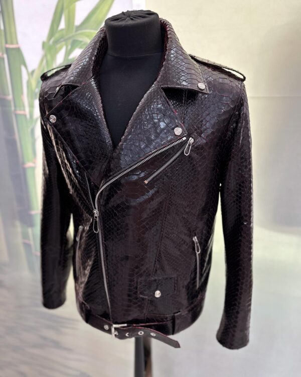 Deep Red Black Python Leather Biker Jacket - Exotic Snake Skin Motorcycle Coat