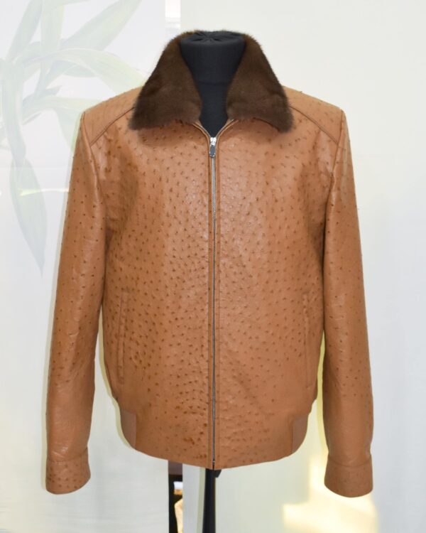 Cognac Ostrich Leather Bomber Jacket - Removable Mink Fur Collar