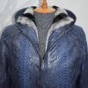 Blue Green Python Bomber Jacket - Rex Rabbit Fur Lined Hooded Exotic Leather Luxury Coat