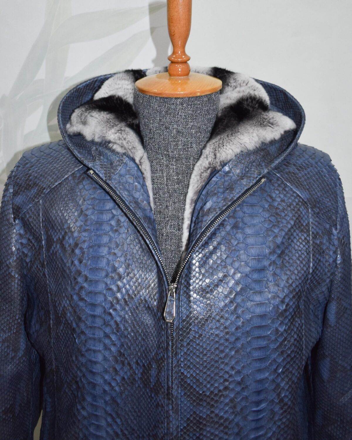 Blue Green Python Bomber Jacket - Rex Rabbit Fur Lined Hooded Exotic Leather Luxury Coat
