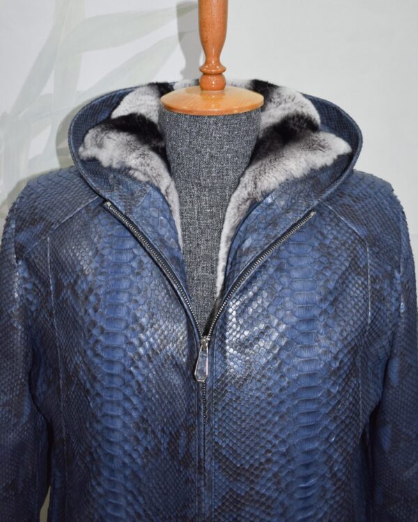 Blue Green Python Bomber Jacket - Rex Rabbit Fur Lined Hooded Exotic Leather Luxury Coat