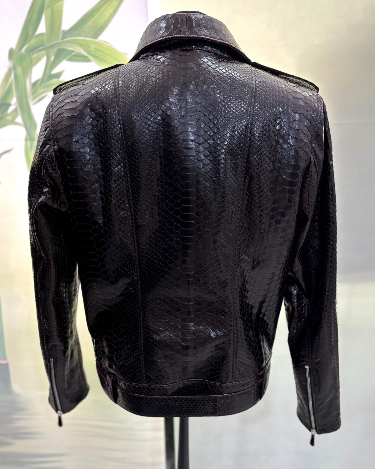 Deep Red Black Python Leather Biker Jacket - Exotic Snake Skin Motorcycle Coat