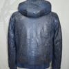 Blue Green Python Bomber Jacket - Rex Rabbit Fur Lined Hooded Exotic Leather Luxury Coat