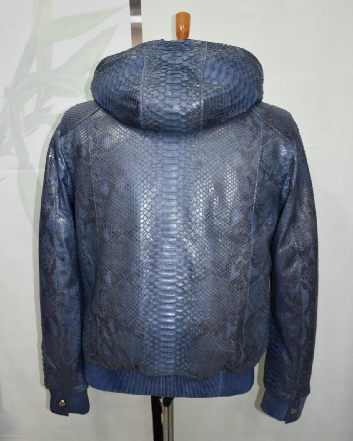Blue Green Python Bomber Jacket - Rex Rabbit Fur Lined Hooded Exotic Leather Luxury Coat