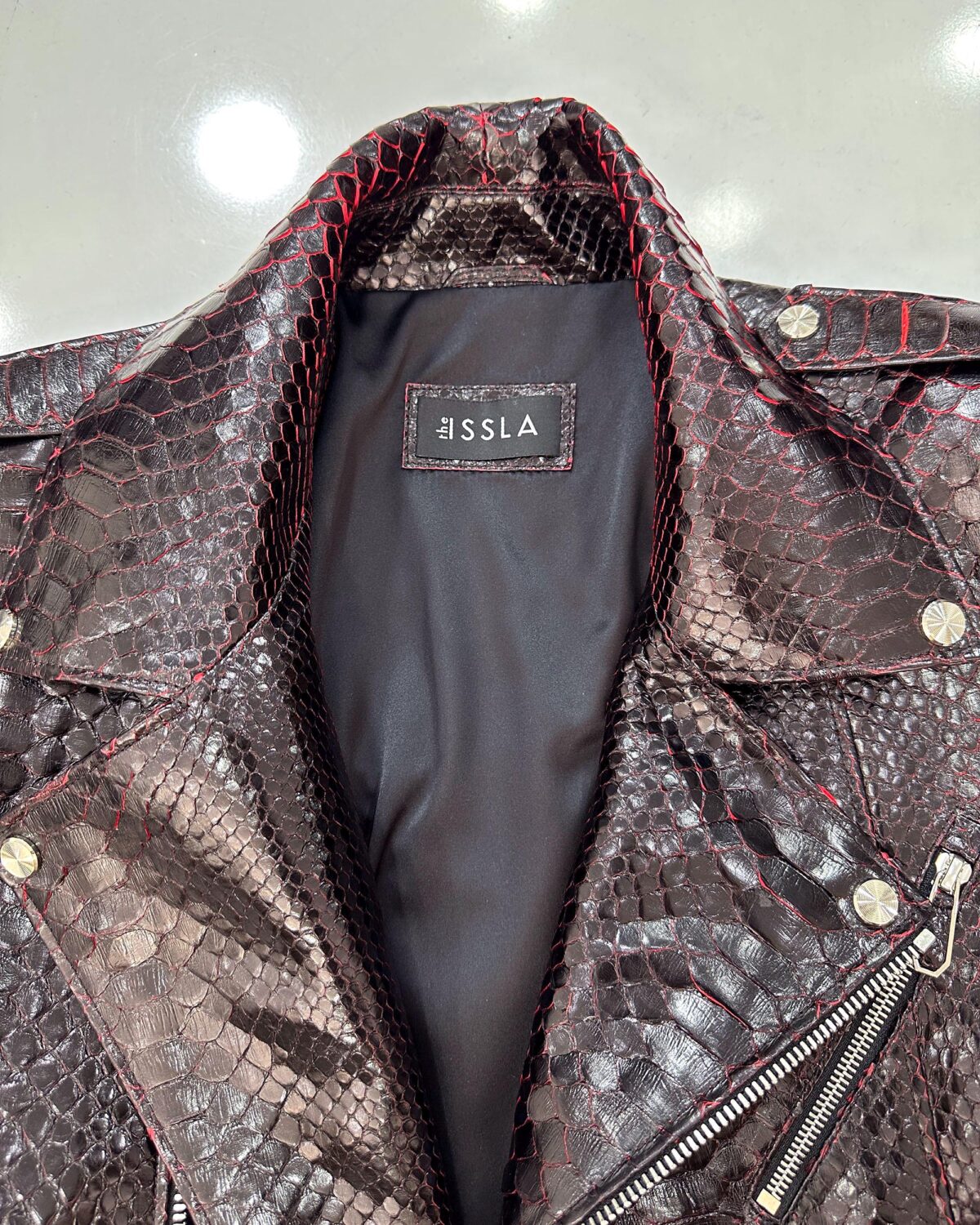 Deep Red Black Python Leather Biker Jacket - Exotic Snake Skin Motorcycle Coat