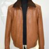 Cognac Ostrich Leather Bomber Jacket - Removable Mink Fur Collar