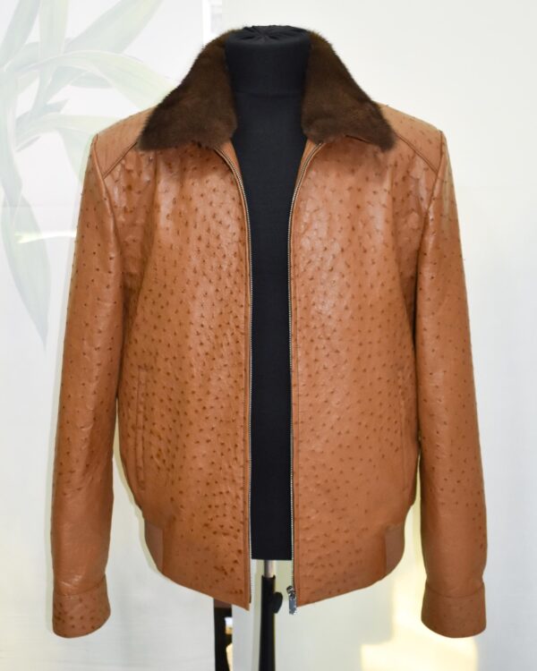Cognac Ostrich Leather Bomber Jacket - Removable Mink Fur Collar