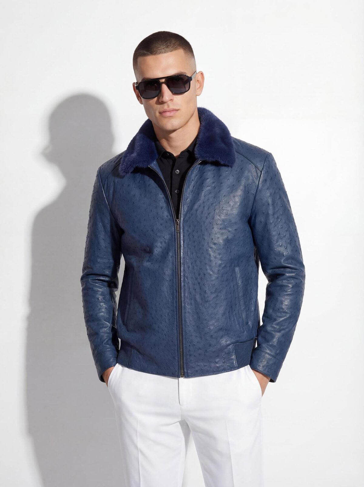 Navy Blue Genuine Ostrich Skin Bomber Jacket - Removable Mink Fur Collar Exotic Leather Coat