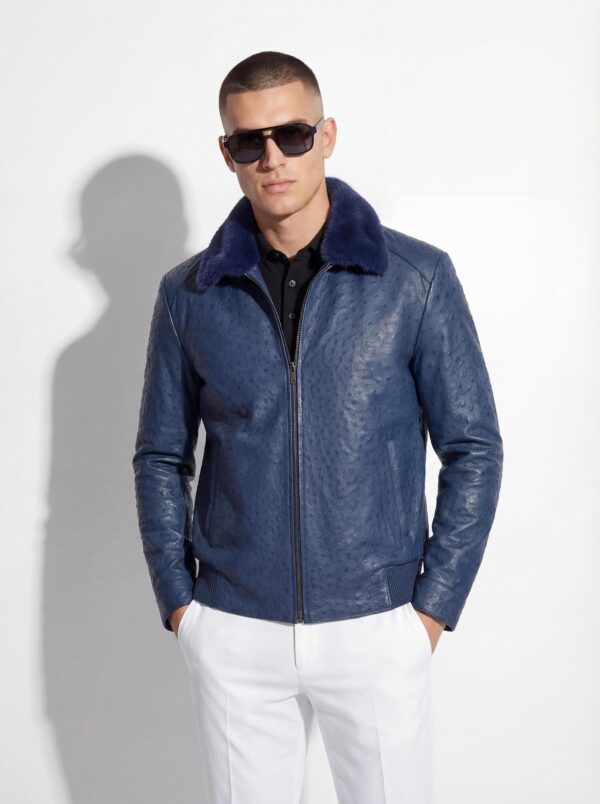 Navy Blue Genuine Ostrich Skin Bomber Jacket - Removable Mink Fur Collar Exotic Leather Coat