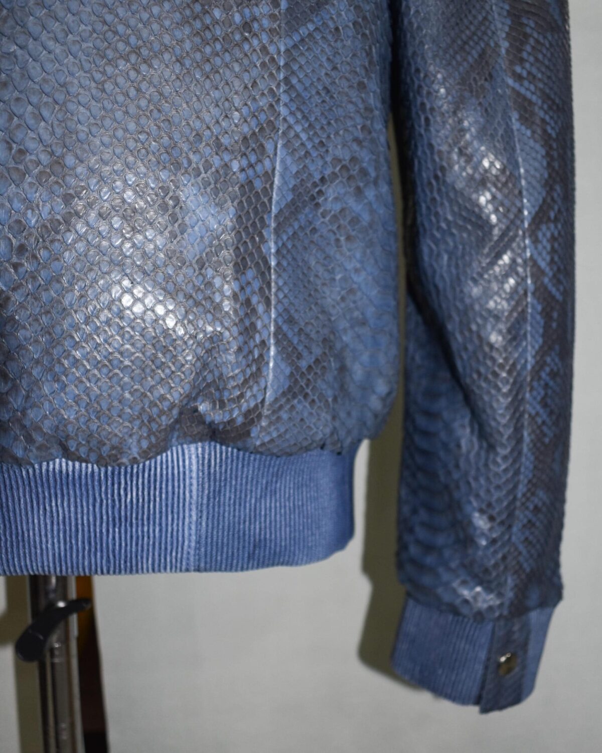 Blue Green Python Bomber Jacket - Rex Rabbit Fur Lined Hooded Exotic Leather Luxury Coat