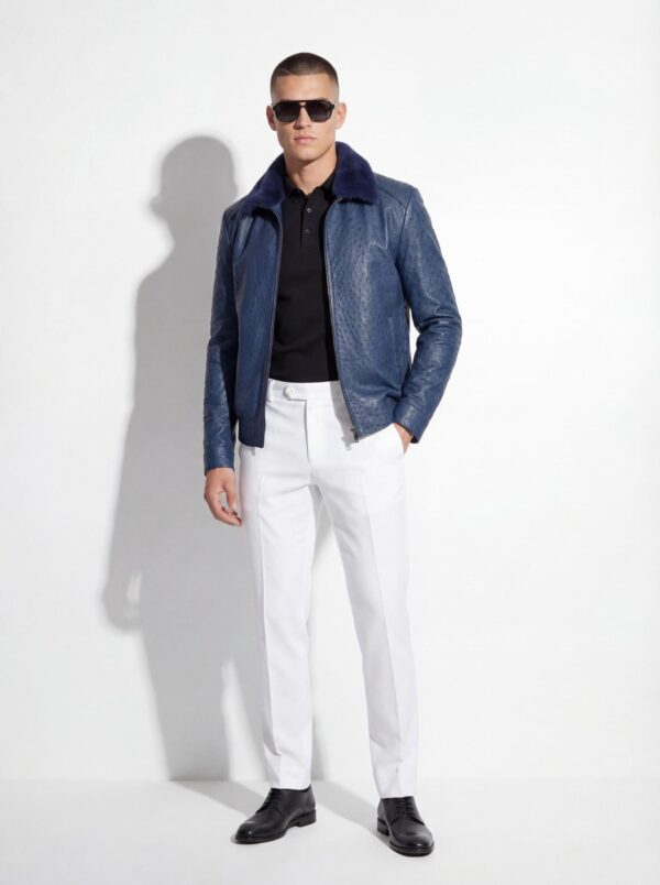 Navy Blue Genuine Ostrich Skin Bomber Jacket - Removable Mink Fur Collar Exotic Leather Coat