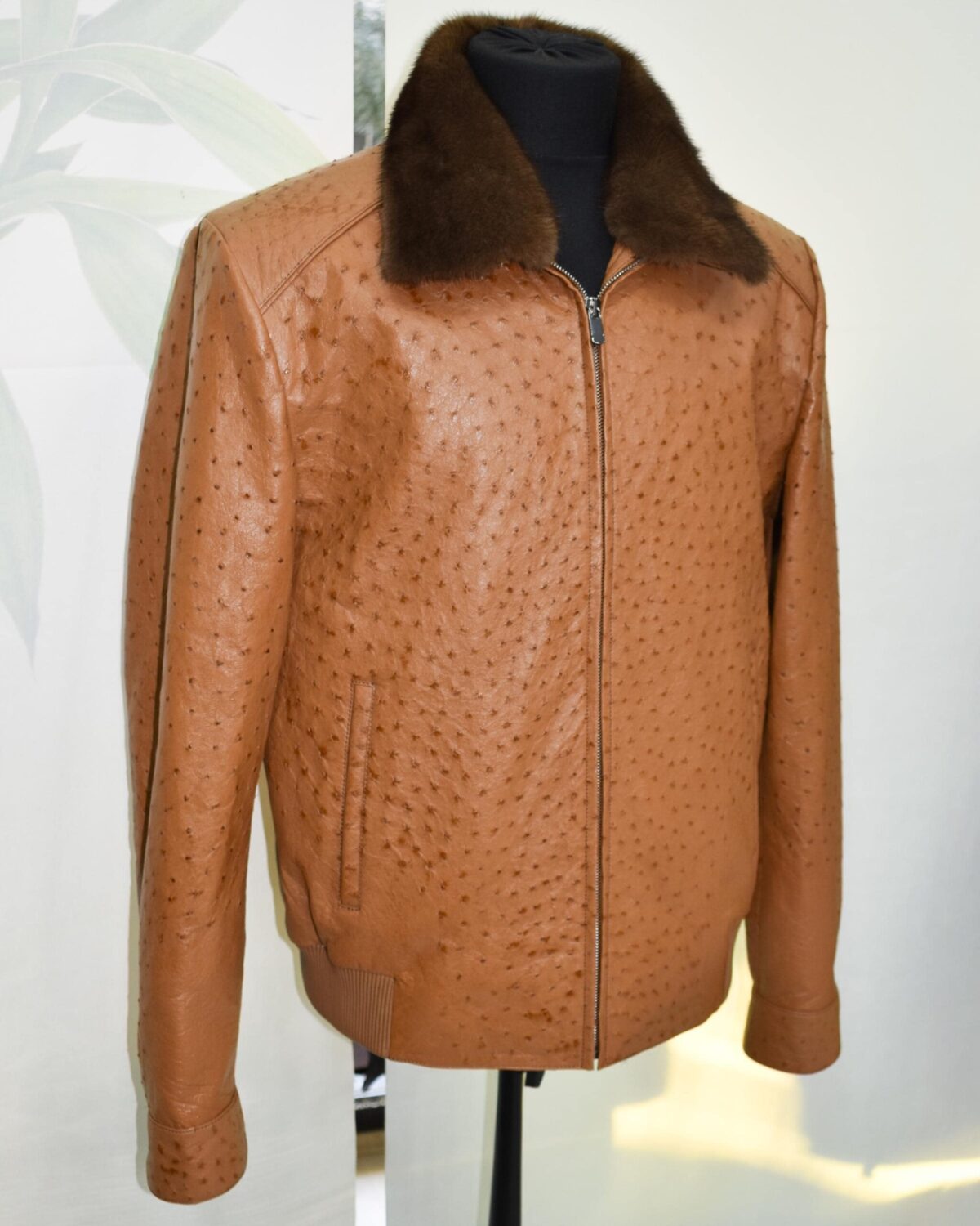 Cognac Ostrich Leather Bomber Jacket - Removable Mink Fur Collar