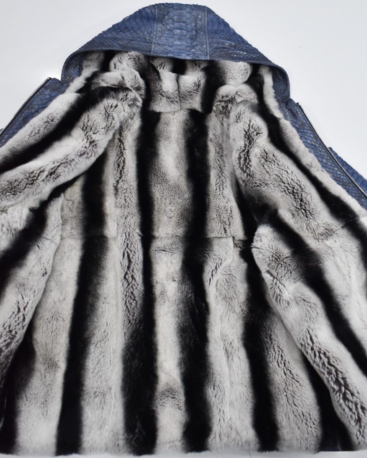 Blue Green Python Bomber Jacket - Rex Rabbit Fur Lined Hooded Exotic Leather Luxury Coat