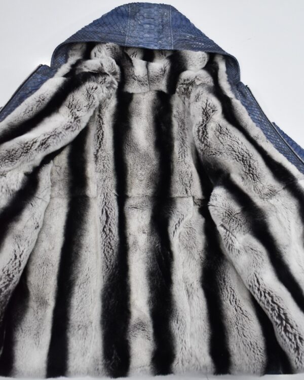 Blue Green Python Bomber Jacket - Rex Rabbit Fur Lined Hooded Exotic Leather Luxury Coat