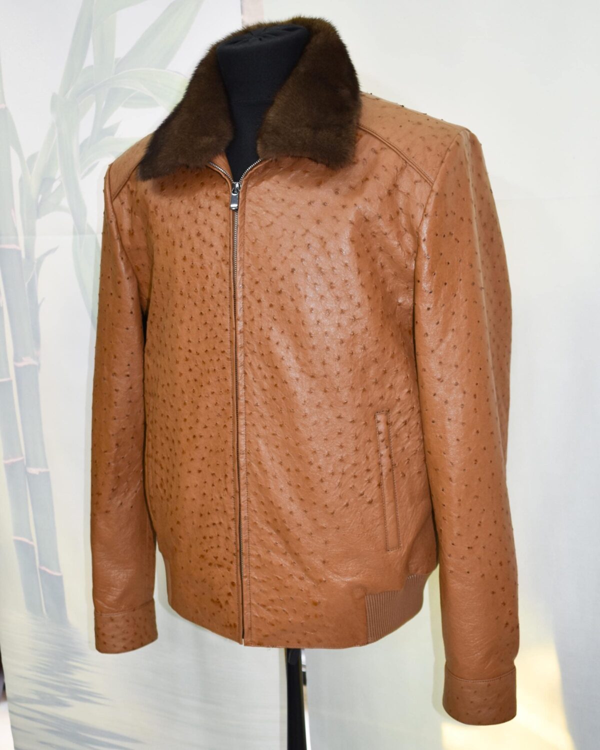 Cognac Ostrich Leather Bomber Jacket - Removable Mink Fur Collar