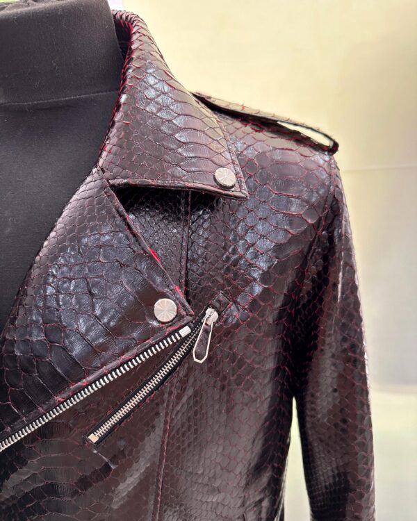 Deep Red Black Python Leather Biker Jacket - Exotic Snake Skin Motorcycle Coat
