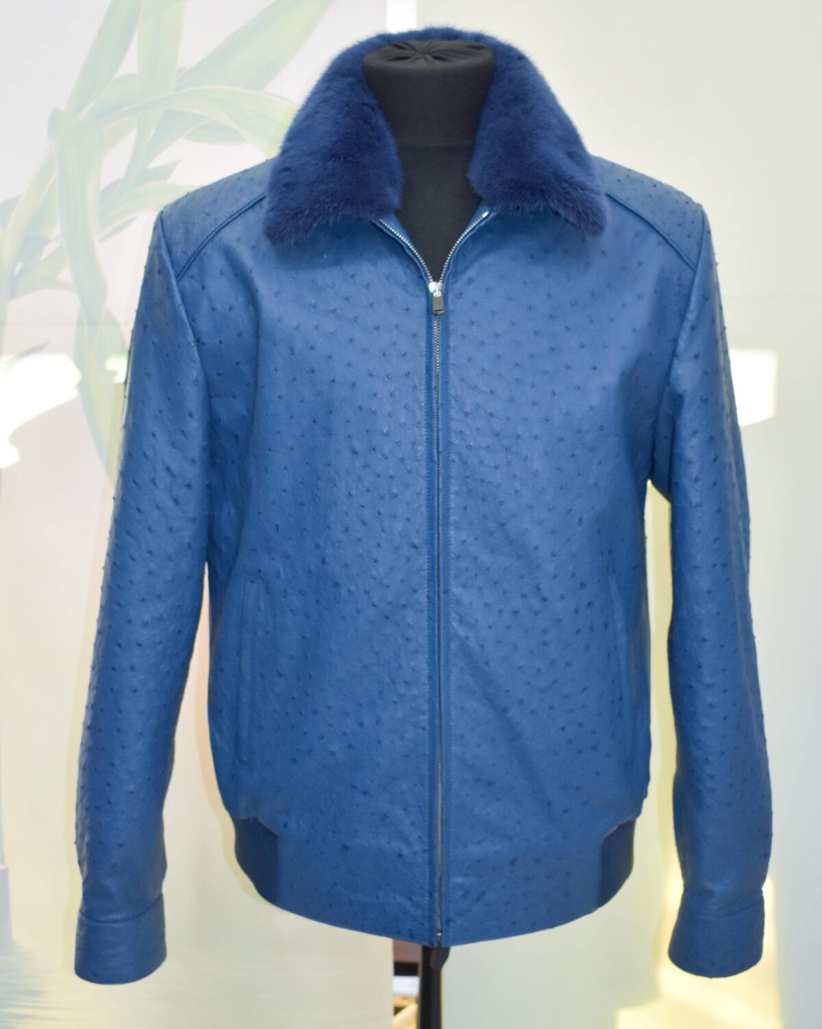 Navy Blue Genuine Ostrich Skin Bomber Jacket - Removable Mink Fur Collar Exotic Leather Coat