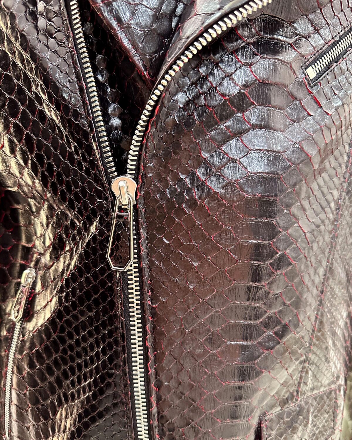 Deep Red Black Python Leather Biker Jacket - Exotic Snake Skin Motorcycle Coat