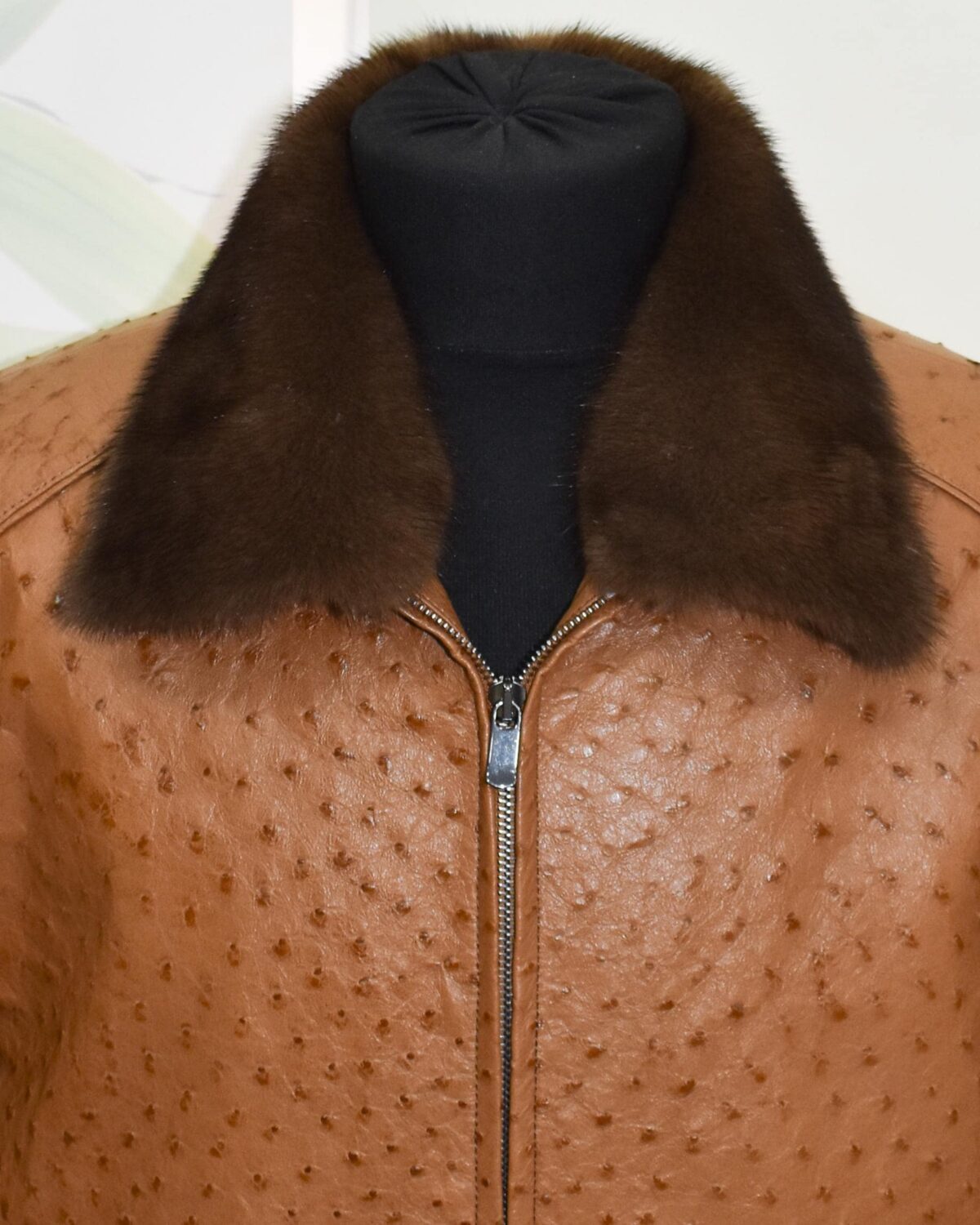 Cognac Ostrich Leather Bomber Jacket - Removable Mink Fur Collar