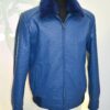 Navy Blue Genuine Ostrich Skin Bomber Jacket - Removable Mink Fur Collar Exotic Leather Coat
