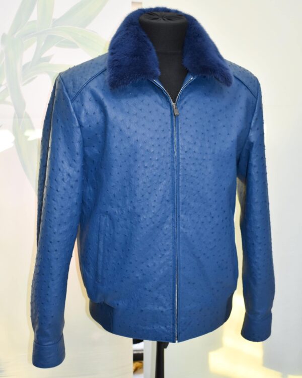 Navy Blue Genuine Ostrich Skin Bomber Jacket - Removable Mink Fur Collar Exotic Leather Coat