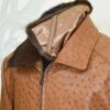 Cognac Ostrich Leather Bomber Jacket - Removable Mink Fur Collar