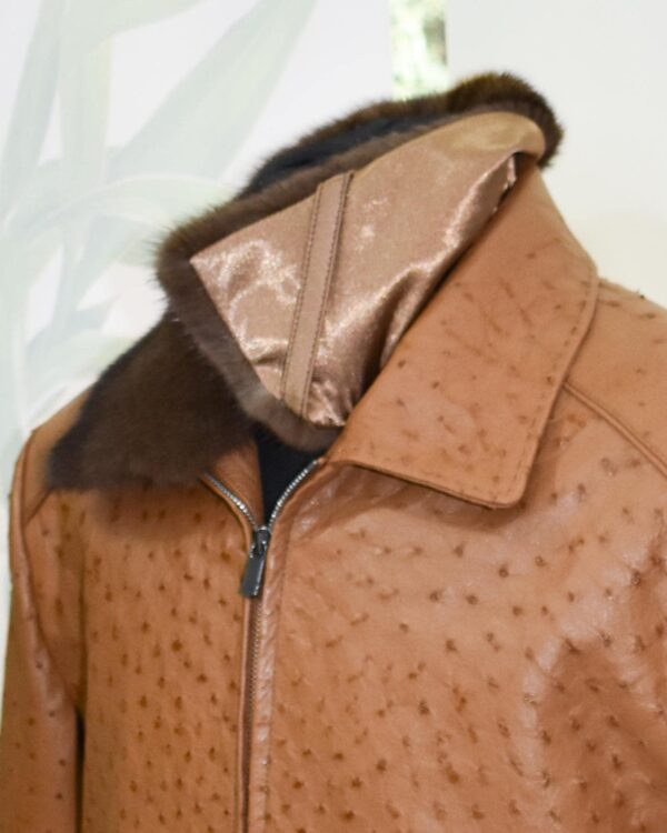 Cognac Ostrich Leather Bomber Jacket - Removable Mink Fur Collar