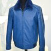 Navy Blue Genuine Ostrich Skin Bomber Jacket - Removable Mink Fur Collar Exotic Leather Coat
