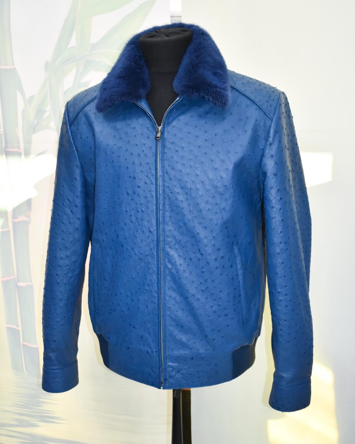 Navy Blue Genuine Ostrich Skin Bomber Jacket - Removable Mink Fur Collar Exotic Leather Coat