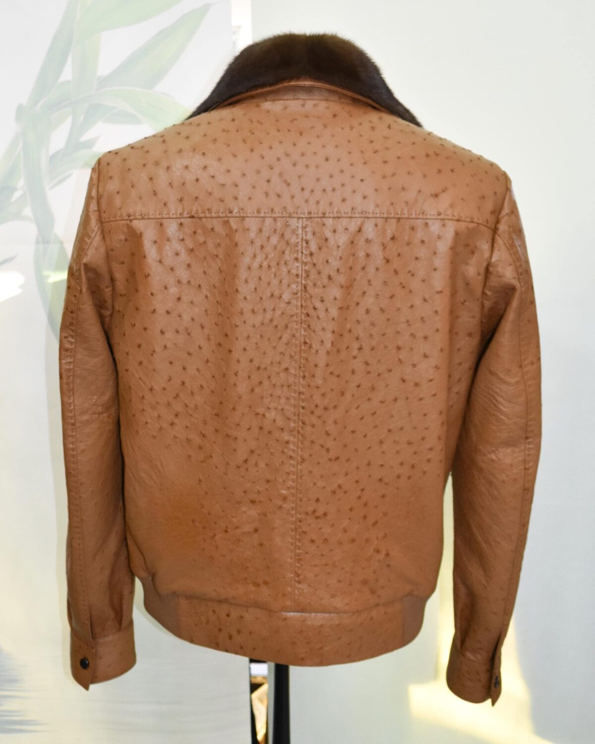Cognac Ostrich Leather Bomber Jacket - Removable Mink Fur Collar