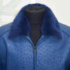 Navy Blue Genuine Ostrich Skin Bomber Jacket - Removable Mink Fur Collar Exotic Leather Coat
