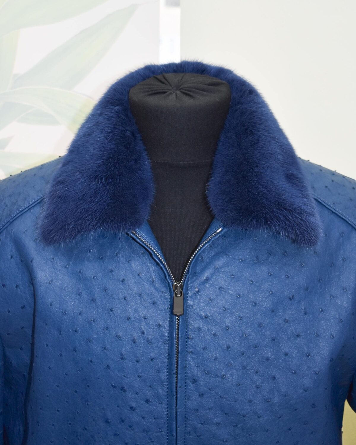 Navy Blue Genuine Ostrich Skin Bomber Jacket - Removable Mink Fur Collar Exotic Leather Coat