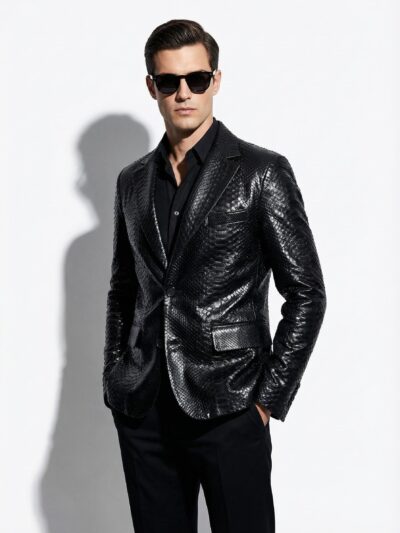 Genuine Black Python Skin Blazer - Exotic Men's Suit Jacket - Luxury Snake Coat