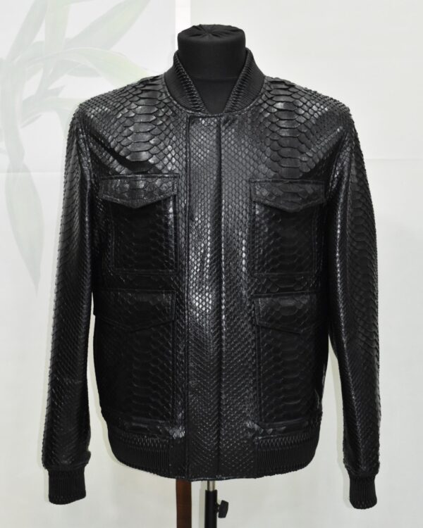 Black Genuine Python Skin Utility Bomber Jacket - Luxury Cargo Style Snake Leather Coat
