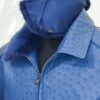 Navy Blue Genuine Ostrich Skin Bomber Jacket - Removable Mink Fur Collar Exotic Leather Coat