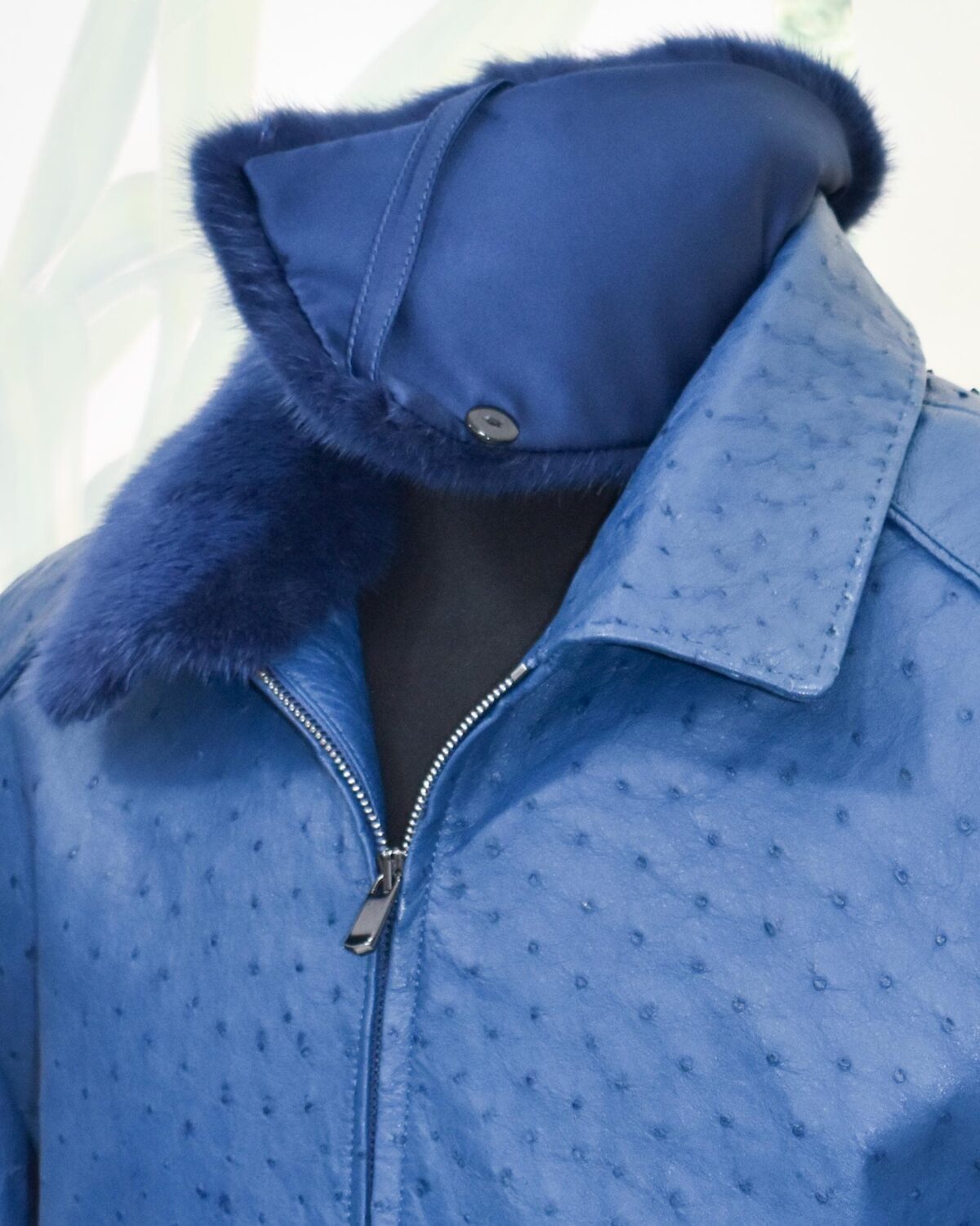 Navy Blue Genuine Ostrich Skin Bomber Jacket - Removable Mink Fur Collar Exotic Leather Coat