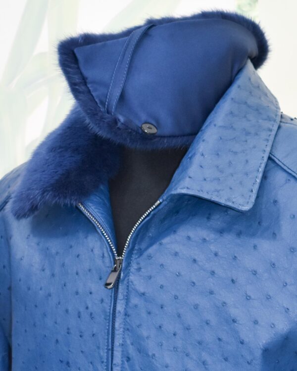 Navy Blue Genuine Ostrich Skin Bomber Jacket - Removable Mink Fur Collar Exotic Leather Coat