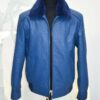 Navy Blue Genuine Ostrich Skin Bomber Jacket - Removable Mink Fur Collar Exotic Leather Coat