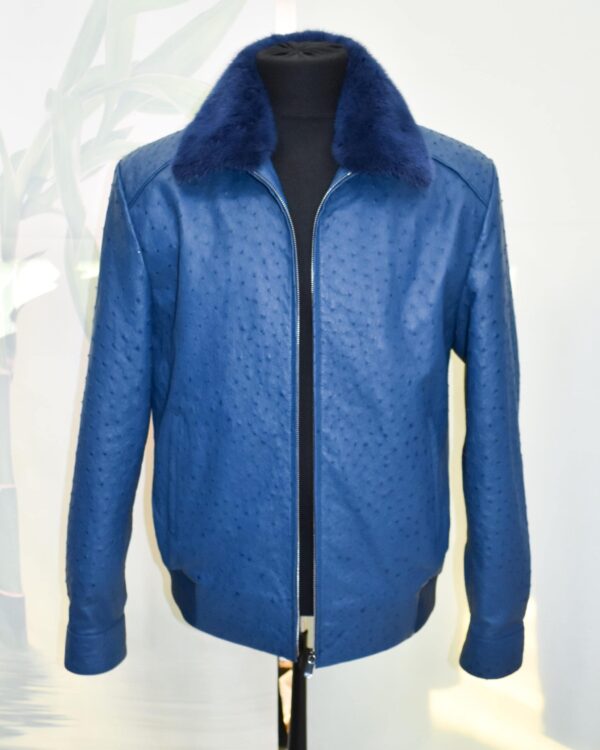 Navy Blue Genuine Ostrich Skin Bomber Jacket - Removable Mink Fur Collar Exotic Leather Coat