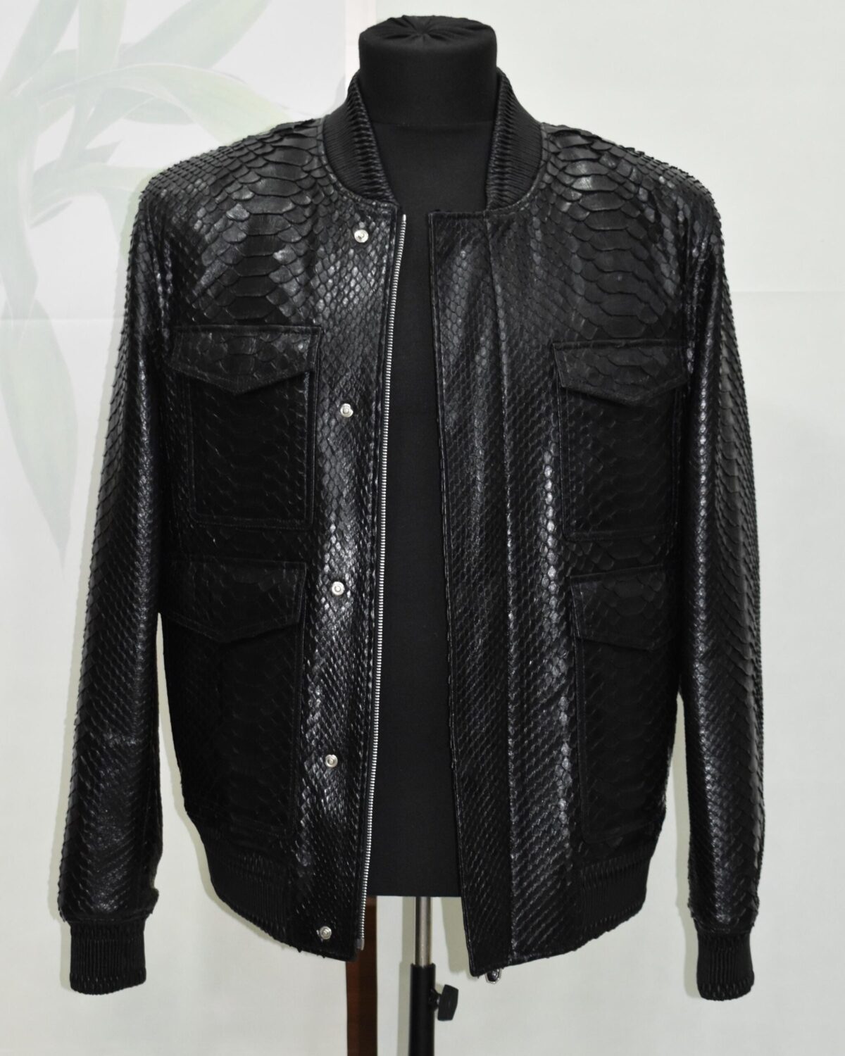 Black Genuine Python Skin Utility Bomber Jacket - Luxury Cargo Style Snake Leather Coat