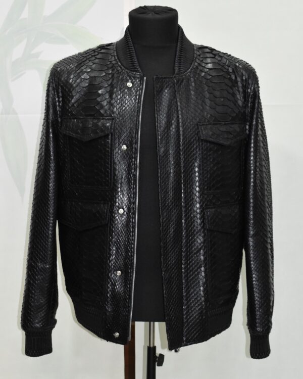 Black Genuine Python Skin Utility Bomber Jacket - Luxury Cargo Style Snake Leather Coat