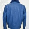Navy Blue Genuine Ostrich Skin Bomber Jacket - Removable Mink Fur Collar Exotic Leather Coat