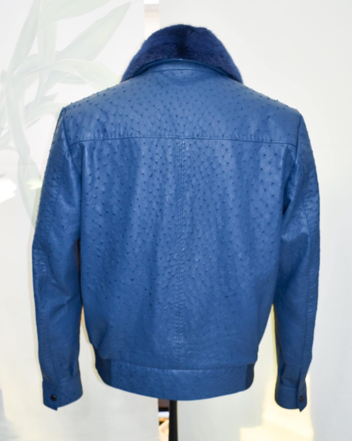 Navy Blue Genuine Ostrich Skin Bomber Jacket - Removable Mink Fur Collar Exotic Leather Coat