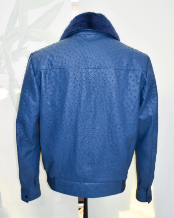 Navy Blue Genuine Ostrich Skin Bomber Jacket - Removable Mink Fur Collar Exotic Leather Coat