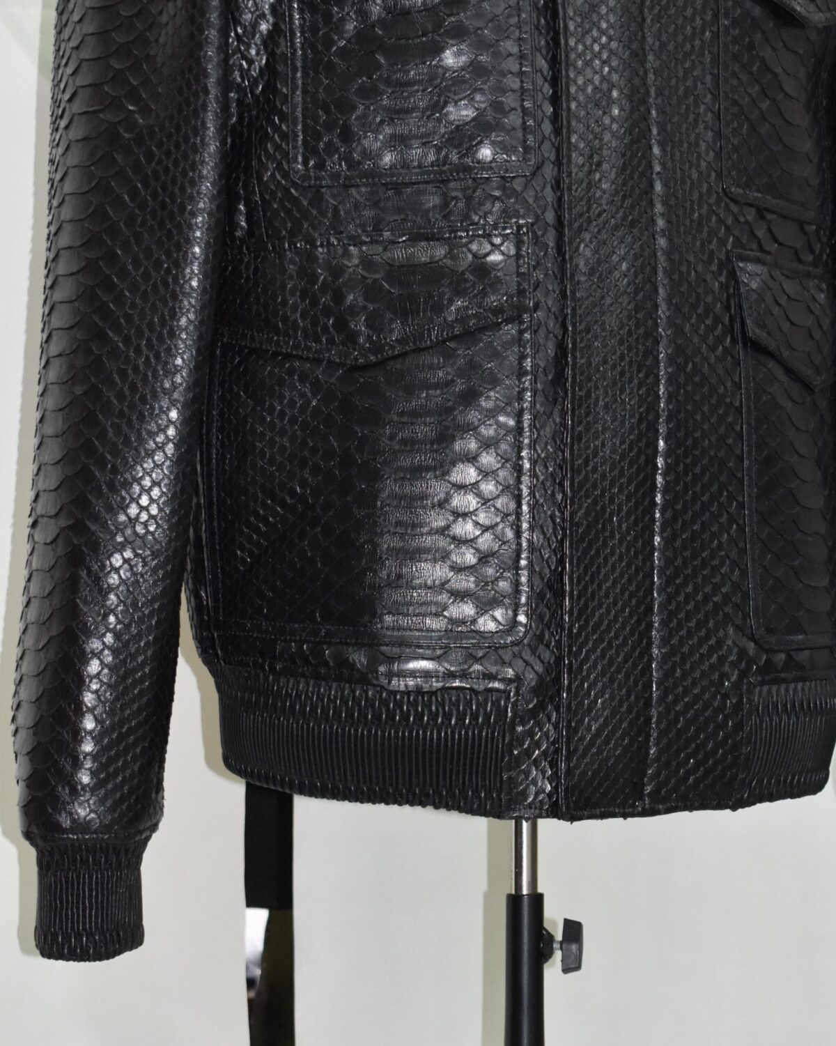 Black Genuine Python Skin Utility Bomber Jacket - Luxury Cargo Style Snake Leather Coat