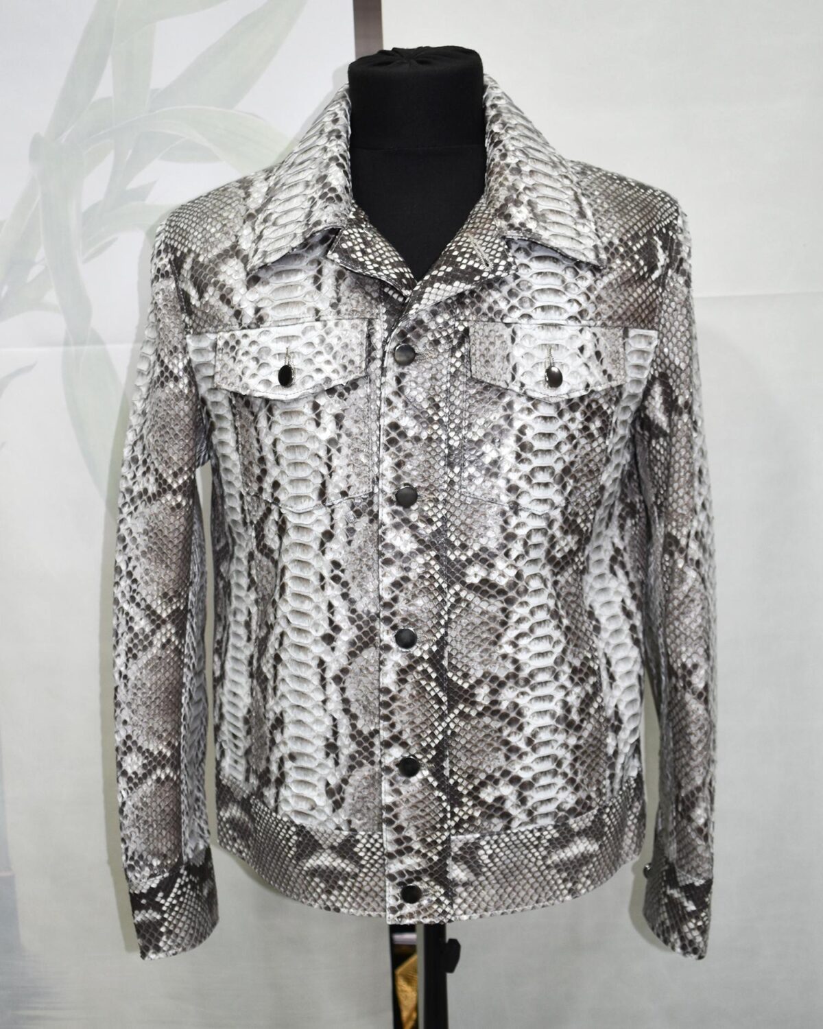 695e59b359f447123fa4eeae.jpg Natural White Grey Python Skin Trucker Jacket - Exotic Snake Luxury Leather Denim Style Coat