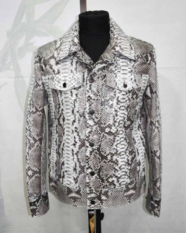 Natural White Grey Python Skin Trucker Jacket - Exotic Snake Luxury Leather Denim Style Coat