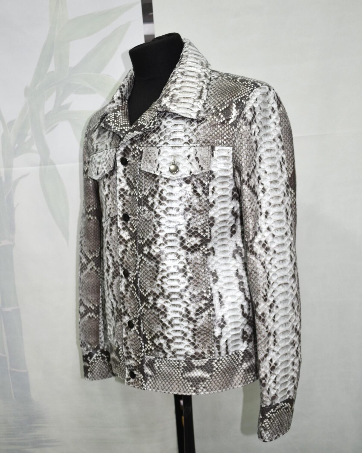 695e59b459f447123fa4ef3b.jpg Natural White Grey Python Skin Trucker Jacket - Exotic Snake Luxury Leather Denim Style Coat