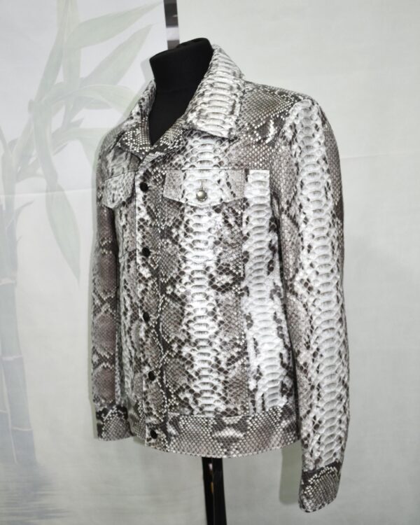 Natural White Grey Python Skin Trucker Jacket - Exotic Snake Luxury Leather Denim Style Coat